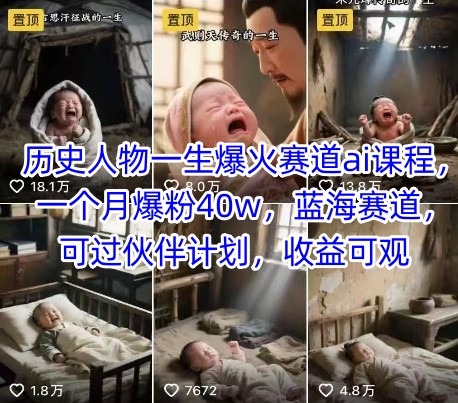 历史人物一生爆火赛道ai课程，一个月爆粉40w，蓝海赛道，可过伙伴计划，收益可观-知微分享