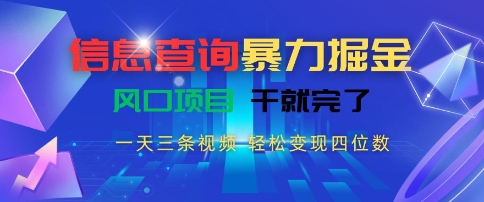 信息查询暴力掘金，一天三条视频，轻松变现四位数，风口项目干就完了【揭秘】-知微分享