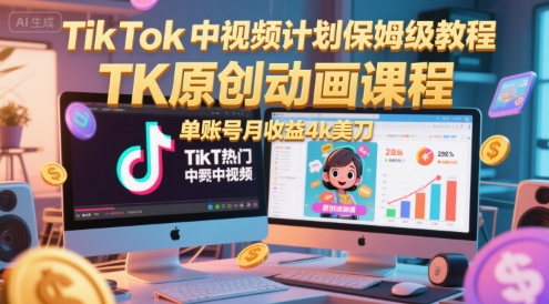 TikTok中视频计划保姆级教程，TK原创动画课程，单账号月收益4k美刀-知微分享