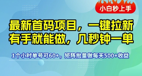 最新首码项目，一键拉新有手就能做，几秒钟一单，1个小时单号可60+，矩阵批量做每天5张【揭秘】-知微分享