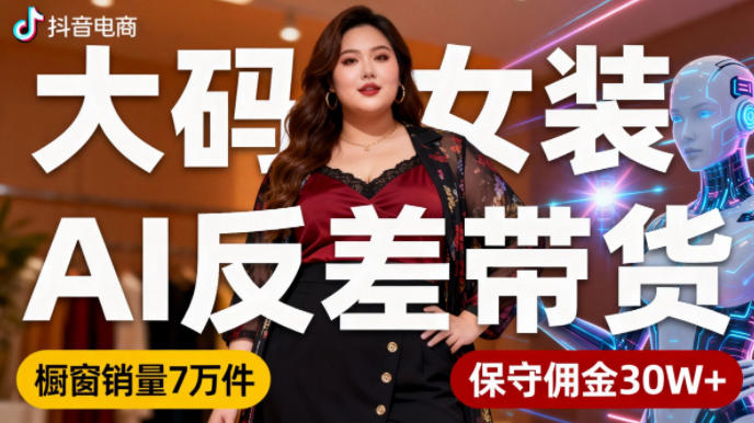 抖音小众赛道,大码女装AI反差带货,不用直播,每天6条作品,橱窗卖7万件,保守佣金30W+-知微分享